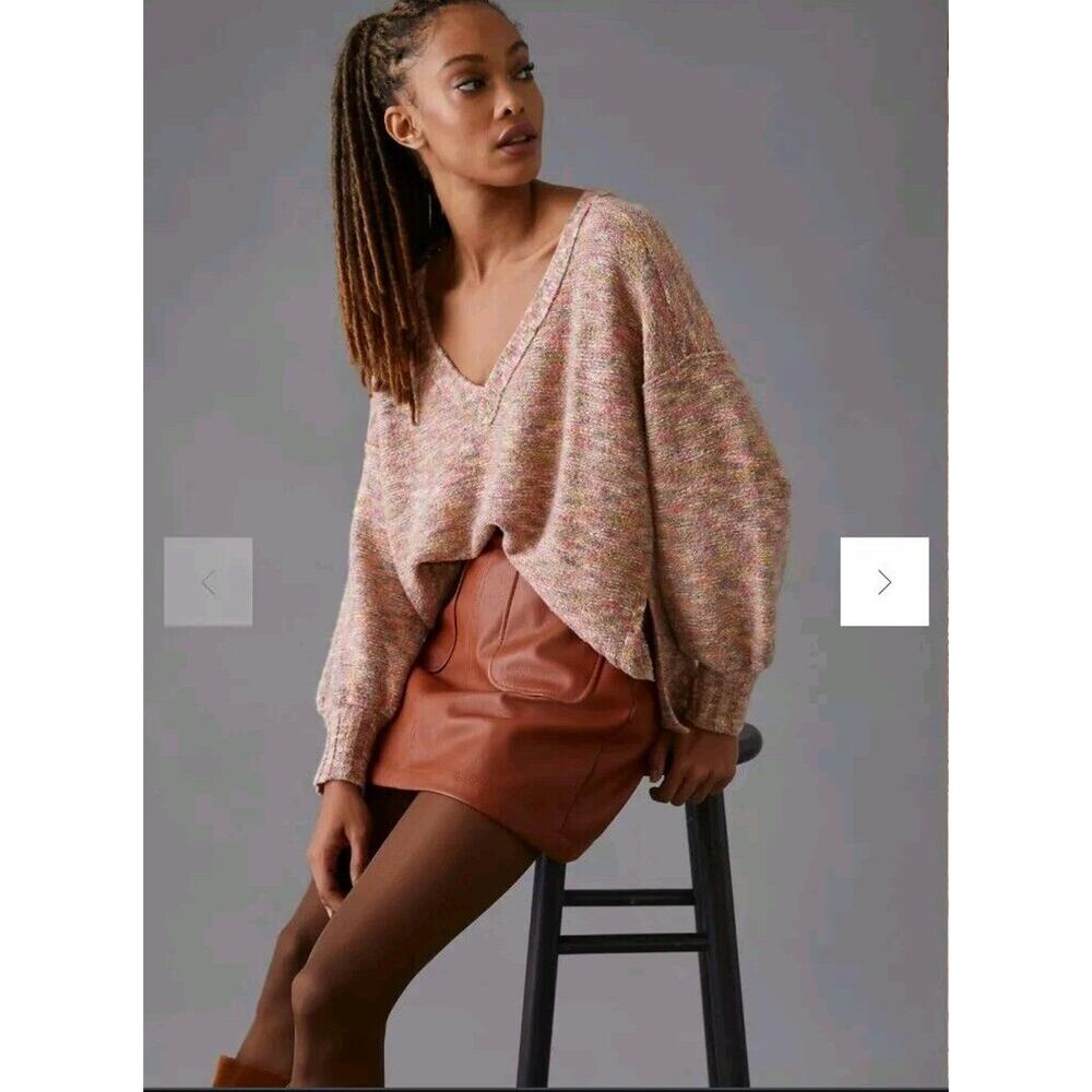 Anthropologie Pilcro S Deep-V Sweater Knit Top V-Neck Pink Gray Oversized‎ Small